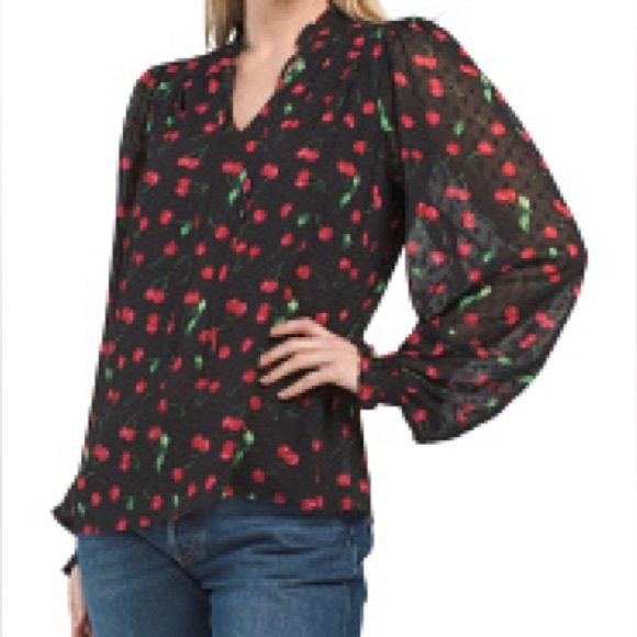 Joie Cherry Print Black Long Sleeve Sheet Blouse with Ruffle neckline small - Picture 1 of 6